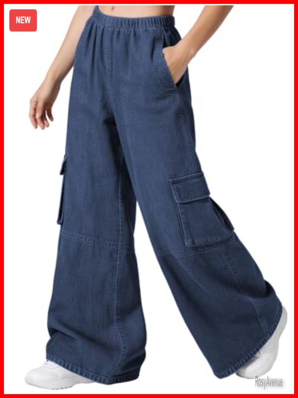Outfeel Baggy Cargo Jeans High Waisted Wide Leg Multi-Pocket Cotton Blend